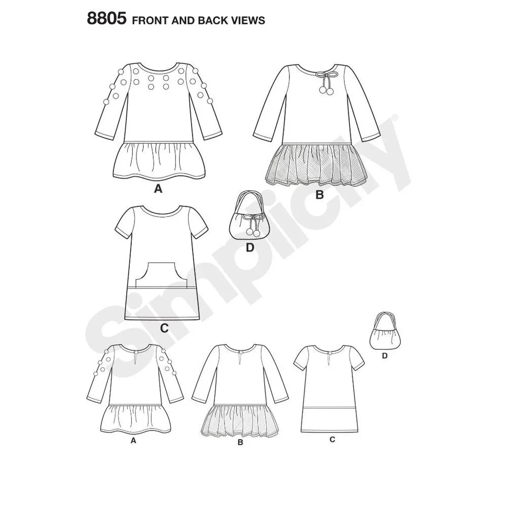 Simplicity Sewing Pattern 8805 Toddlers Dresses Purse Size 1/2-4‎